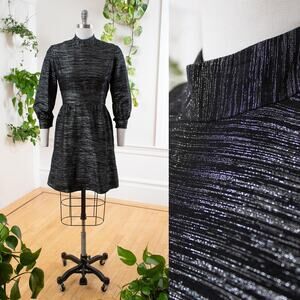 Vintage 1960s Party Dress 60s Metallic Silver Black Skater Mini Cocktail LBD
